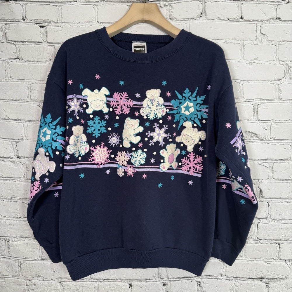 Vintage Tultex Crewneck Sweatshirt Glitter Bears Snowflake Made In USA XL 90s